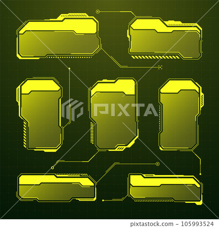 Yellow futuristic HUD, UI elements. Sci-fi user interface text boxes, callouts. Warning message frames, information boxes template. Modern game interface layout in digital style. Vector illustration 105993524