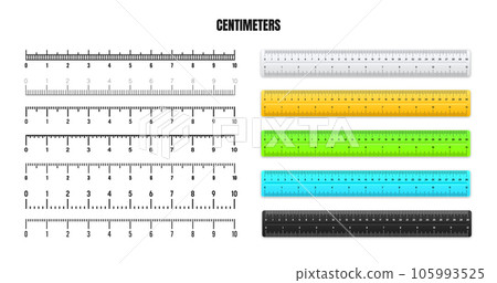 Realistic metal rulers with black centimeter scale for measuring length or height. Various measurement scales with divisions. Ruler, tape measure marks, size indicators. Vector illustration 105993525