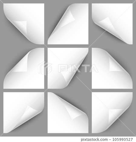 Set of white paper curls. Curled page corner with shadow. Blank sheet of paper. Design element for advertising and promotion. Vector illustration. 105993527