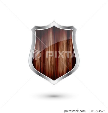 Wooden vintage shield icon. Black heraldic shield. Protection and security symbol, label. Vector illustration 105993528