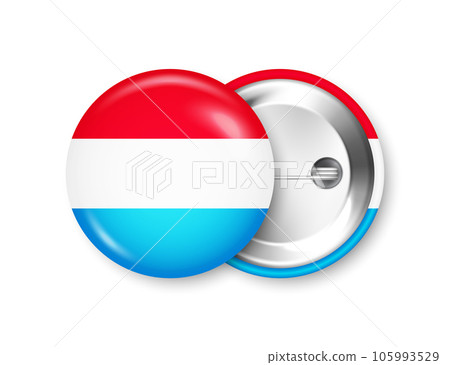 Button badge with Luxembourgish flag. Souvenir from Luxembourg. Glossy pin badge with shiny metal clasp. Product mockup for advertising and promotion. Vector illustration 105993529