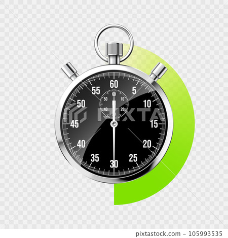 Realistic classic stopwatch. Shiny metal chronometer, black time counter with dial. Green countdown timer showing minutes, seconds. Time measurement for sport, start and finish. Vector illustration 105993535