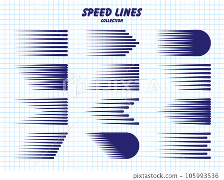 Hand drawn cartoon speed lines with round corners on checkered paper sheet. Simple line with motion effect. Comic book design element. School notebook for drawing. Vector collection 105993536