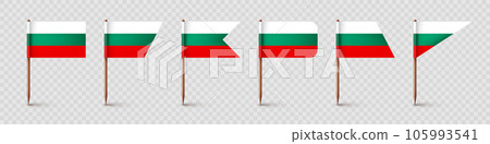 Bulgarian toothpick flags. Souvenir from Bulgaria. Wooden toothpicks with paper flag. Location mark, map pointer. Blank mockup for advertising and promotions. Vector illustration Bulgarian toothpick flags. Souvenir from Bulgaria. Wooden toothpicks with paper flag. Location mark, map pointer. Blank mockup for advertising and promotions. Vector illustration 105993541