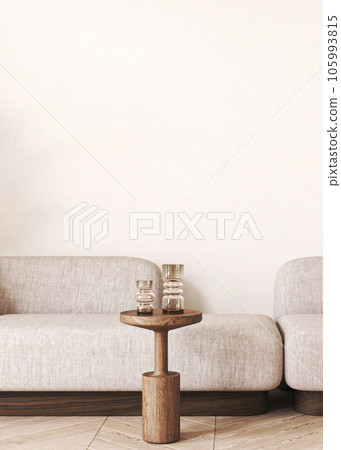 Japandi boho beige interior with sofa and table with vase background. Light modern australian livingroom. 3d rendering mockup. High quality 3d illustration 105993815
