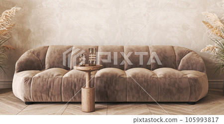 Japandi boho beige interior with sofa and dry plant background. Light modern australian livingroom. Horizontal banner panoramic background. 3d rendering mockup. High quality 3d illustration Japandi boho beige interior with sofa and dry plant background. Light modern australian livingroom. Horizontal banner panoramic background. 3d rendering mockup. High quality 3d illustration 105993817