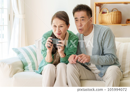 在客廳玩電子遊戲的老年夫婦 105994072