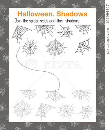 Spider webs shadow matching game, Halloween holiday kids leisure activity printable worksheet, educational game vector illustration, teacher resources for elementary school, kindergarten, pre-school Spider webs shadow matching game, Halloween holiday kids leisure activity printable worksheet, educational game vector illustration, teacher resources for elementary school, kindergarten, pre-school 105994307