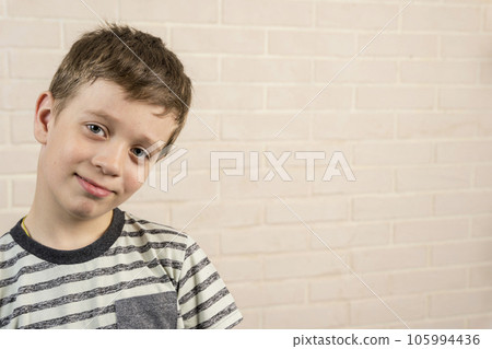 portrait of a Caucasian happy boy against a brick wall 105994436
