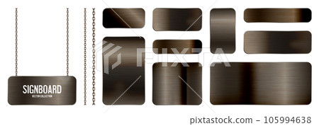 Metal banners hanging on a chain. Realistic shiny steel plate with screws. Polished rusty metal surface. Vector illustration 105994638