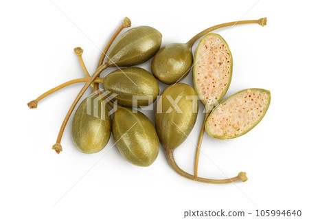 Capers isolated on white background. Pickled or canned capers. Top view. Flat lay Capers isolated on white background. Pickled or canned capers. Top view. Flat lay 105994640
