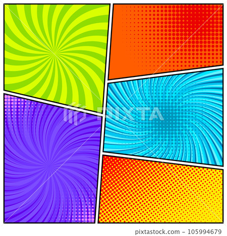 Colorful twisted comic book radial rays, lines. Comics background with motion, speed lines. Pop art style elements. Vector illustration 105994679