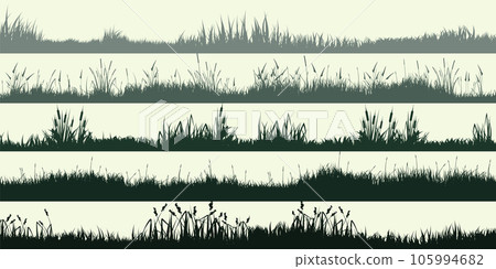 Meadow silhouettes with grass, plants on plain. Panoramic summer lawn landscape with herbs, various weeds. Herbal border, frame element. Green horizontal banners. Vector illustration Meadow silhouettes with grass, plants on plain. Panoramic summer lawn landscape with herbs, various weeds. Herbal border, frame element. Green horizontal banners. Vector illustration 105994682