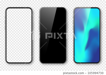 Smartphone with blank touch screen and abstract colorful background, wallpaper. Frameless mobile phone in front view. High quality detailed device mockup. Vector illustration 105994730
