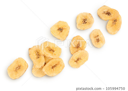 Dried banana chips isolated on white background with full depth of field. Top view. Flat lay Dried banana chips isolated on white background with full depth of field. Top view. Flat lay 105994750