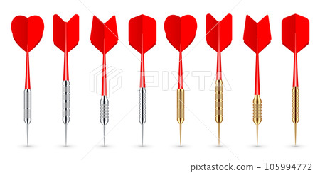 Red dart arrows with metal tip and shadow. Dart throwing sport game, dartboard equipment. Vector illustration 105994772
