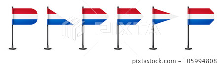 Realistic various Dutch table flags on a black steel pole. Souvenir from Netherlands. Desk flag made of paper or fabric, shiny metal stand. Mockup for promotion and advertising. Vector illustration 105994808