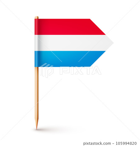 Luxembourgish toothpick flag. Souvenir from Luxembourg. Wooden toothpick with paper flag. Location mark, map pointer. Blank mockup for advertising and promotions. Vector illustration Luxembourgish toothpick flag. Souvenir from Luxembourg. Wooden toothpick with paper flag. Location mark, map pointer. Blank mockup for advertising and promotions. Vector illustration 105994820