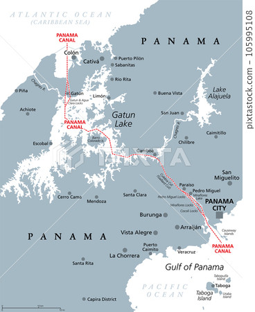 Panama Canal, gray political map. Artificial waterway in Panama, connecting Atlantic Ocean (Caribbean Sea) with Pacific Ocean, cutting across the Isthmus of Panama, reducing the travel time for ships. 105995108