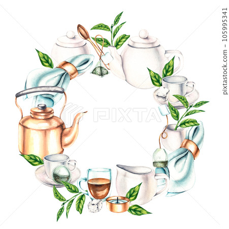 Watercolor frame made of utensils for tea drinking with a tea plant on a white background Watercolor frame made of utensils for tea drinking with a tea plant on a white background 105995341