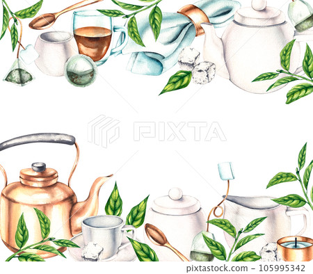 Watercolor frame made of utensils for tea drinking with a tea plant on a white background Watercolor frame made of utensils for tea drinking with a tea plant on a white background 105995342