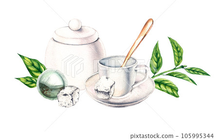Watercolor composition of tea drinking utensils with a tea plant on a white background Watercolor composition of tea drinking utensils with a tea plant on a white background 105995344