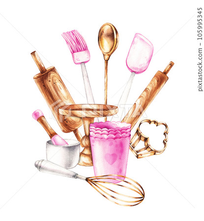 Watercolor composition of baking tools isolated on a white 105995345