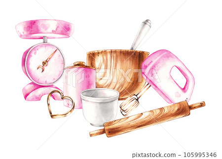 Watercolor composition of baking tools isolated on a white 105995346