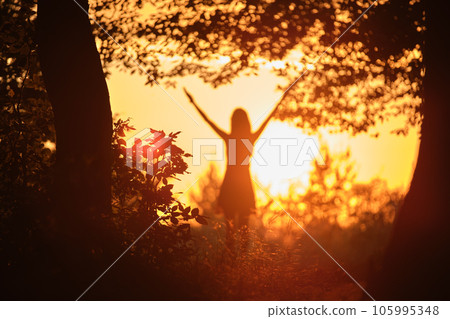 Dark silhouette of young woman walking alone through dark forest joyfully raising her hands in summer evening. Enjoying nature and outdoor activities concept Dark silhouette of young woman walking alone through dark forest joyfully raising her hands in summer evening. Enjoying nature and outdoor activities concept 105995348