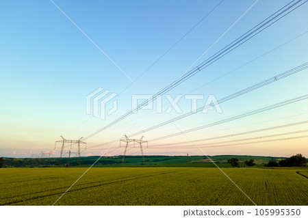 Dark silhouette of high voltage towers with electric power lines at sunrise. 105995350