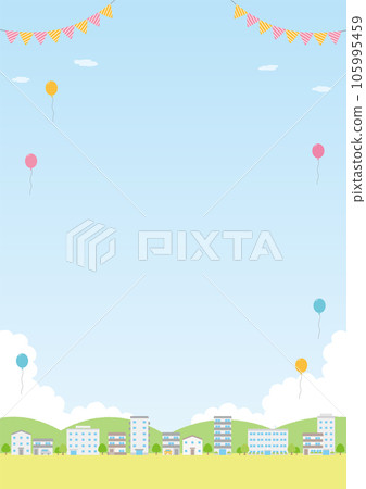 氣球飛行的綠化城市景觀插圖_vertical_3 105995459