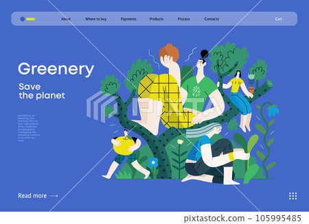 Greenery, ecology -modern flat vector concept illustration of people on a tree, surrounded by plants. Metaphor of environmental sustainability and protection, closeness to nature 105995485