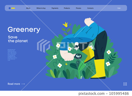 Greenery, ecology -modern flat vector concept illustration of a man in plants, looking at the bug through the lens. Metaphor of environmental sustainability and protection, closeness to nature 105995486