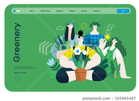 Greenery, ecology -modern flat vector concept illustration of people surrounded by plants and flowers. Metaphor of environmental sustainability and protection, closeness to nature 105995487