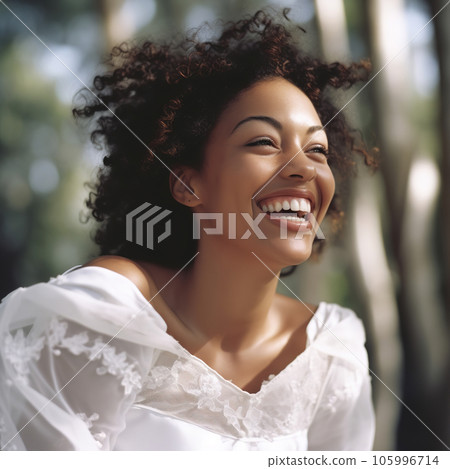 Happy bride. Young black woman in white off the shoulder wedding dress, smiling Happy bride. Young black woman in white off the shoulder wedding dress, smiling 105996714