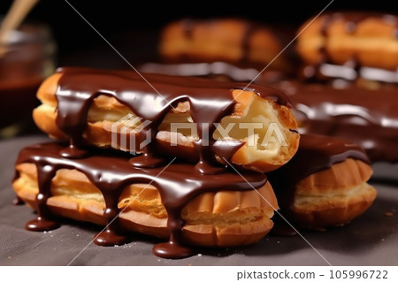 Delicious chocolate eclairs with a creamy filling. Traditional French pastry dessert Delicious chocolate eclairs with a creamy filling. Traditional French pastry dessert 105996722