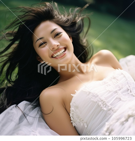 Happy bride. Young Asian woman in white wedding dress outdoor Happy bride. Young Asian woman in white wedding dress outdoor 105996723