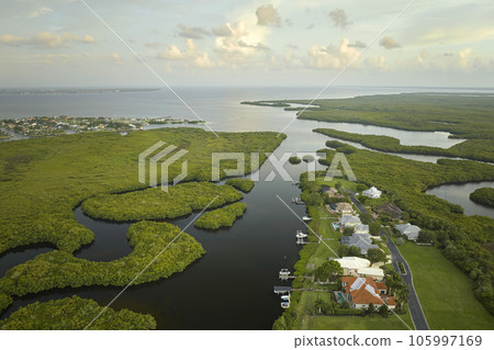 Aerial view of rural private houses in remote suburbs located near Florida wildlife wetlands with green vegetation on sea bay shore. Living close to nature concept 105997169