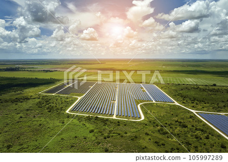 Aerial view of large sustainable electrical power plant with rows of solar photovoltaic panels for producing clean electric energy. Concept of renewable electricity with zero emission Aerial view of large sustainable electrical power plant with rows of solar photovoltaic panels for producing clean electric energy. Concept of renewable electricity with zero emission 105997289