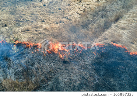 Aerial view of grassland field burning with red fire during dry season. Natural disaster and climate change concept Aerial view of grassland field burning with red fire during dry season. Natural disaster and climate change concept 105997323
