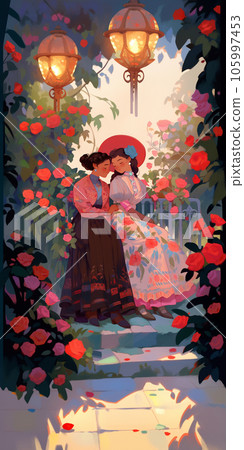 Two women dressed in embroidered vintage dresses spend an intimate moment on an antique garden bench surrounded by blooming rose bushes. They are in love with each other. 105997453