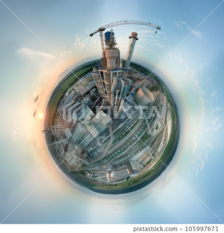 Aerial view from high altitude of little planet earth with cement factory high concrete structure and tower crane at industrial production area in evening. Manufacture and global industry concept 105997671