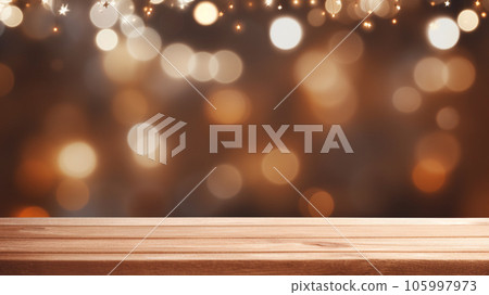 empty wooden board table with blur Bokeh lighting background for festive holiday and product advertisement. generative AI 105997973