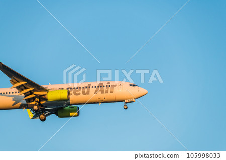 [Solaseed Air aircraft in preparation for landing from the sky above Jonanjima Seaside Park at dusk] 105998033