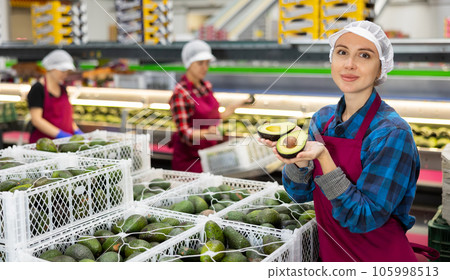 Positive woman with avocado slices in hands at food factory warehouse Positive woman with avocado slices in hands at food factory warehouse 105998513