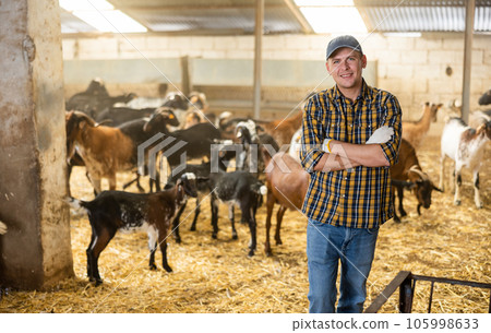 Portrait of confident male farm owner in goat pen 105998633