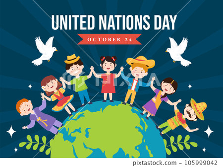 United Nations Day Celebration Vector Illustration on 24 October with Kids Public Service and Earth Background in Flat Cartoon Template 105999042
