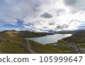 Blue sky, white clouds and autumn woods reflected on the water 105999647