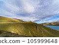 Blue sky, white clouds and autumn woods reflected on the water 105999648