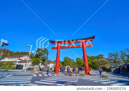 秋天的神奈川縣鎌倉市 從鶴岡八幡宮前十字路口附近通過第三鳥居眺望院內 106000250